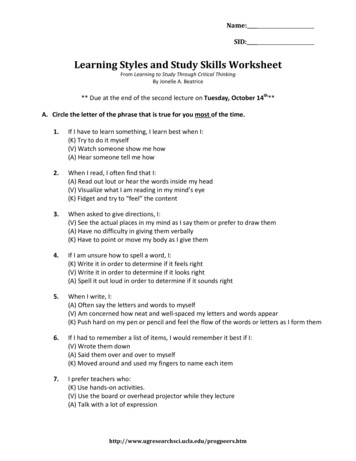 Learning Styles And Study Skills Worksheet