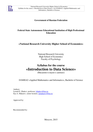 Syllabus For The Course Introduction To Data Science