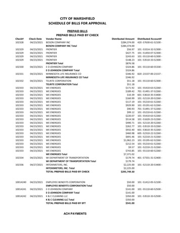 CITY OF MARSHFIELD SCHEDULE OF BILLS FOR APPROVAL