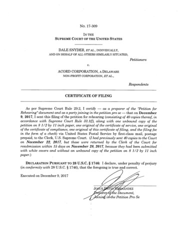 CERTIFICATE OF FILING - Supreme Court Of The United States