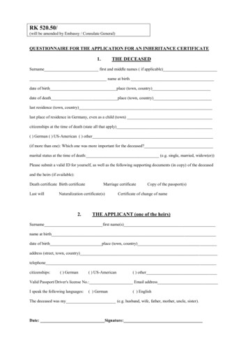 QUESTIONNAIRE FOR THE APPLICATION FOR AN 