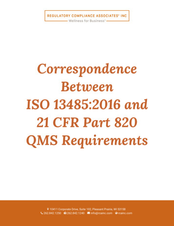 Correspondence Between ISO 13485:2016 And 21 CFR Part 
