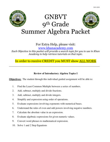 2019-2020 GNBVT 9th Grade Summer Algebra Packet
