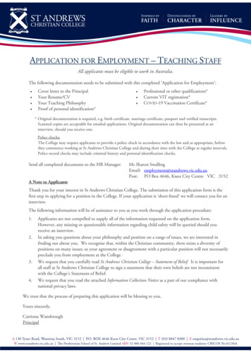 PPLICATION FOR MPLOYMENT EACHING TAFF - St Andrews Christian College