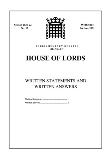 P A R L I A M E N T A R Y D E B A T E S (Hansard) House Of Lords