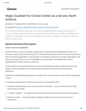 America Magic Quadrant For Contact Center As A Ser Vice, Nor Th