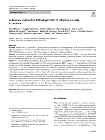 Autonomic Dysfunction Following COVID-19 Infection: An .