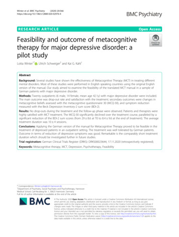 Feasibility And Outcome Of Metacognitive Therapy For Major Depressive .