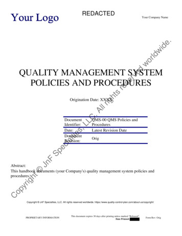 QUALITY MANAGEMENT SYSTEM POLICIES AND 