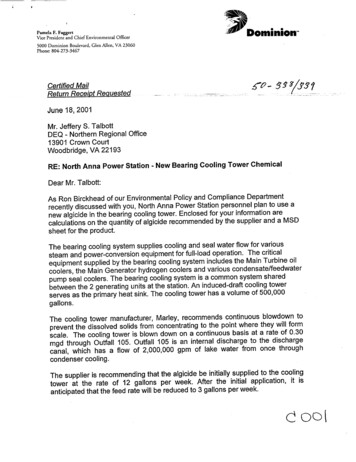 Letter Re North Anna Power Station-New Bearing Cooling Tower Chemical.