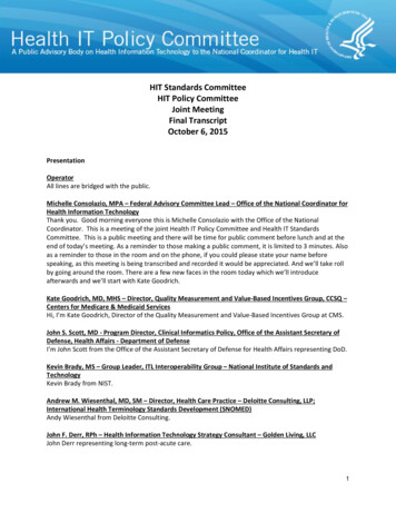 HIT Standards And Policy Committee Joint Meeting Transcript October 6, 2015