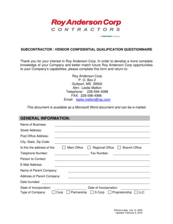 Subcontractor / Vendor Confidential Qualification Questionnaire