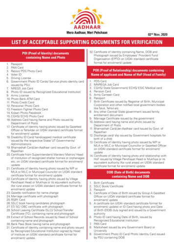 02nd Nov, 2020 LIST OF ACCEPTABLE SUPPORTING DOCUMENTS FOR VERIFICATION