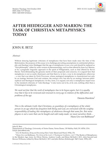 After Heidegger And Marion: The Task Of Christian Metaphysics Today