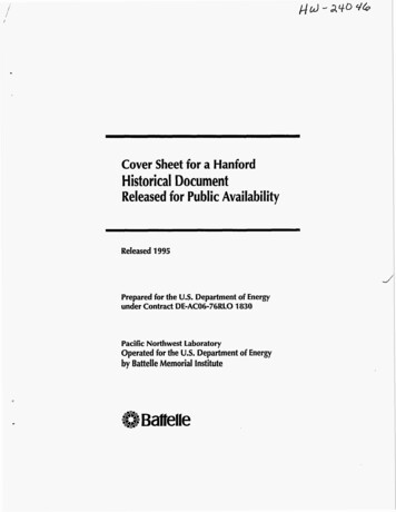 Cover Sheet For Hanford Historical Document Released For .