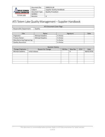 ATS Totem Lake Quality Management - Supplier Handbook