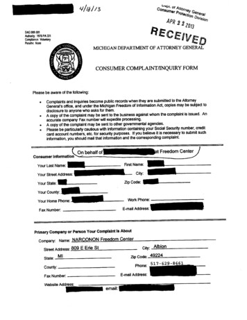 Michigan Department Of Attorney General Consumer Complaint/Inquiry Form