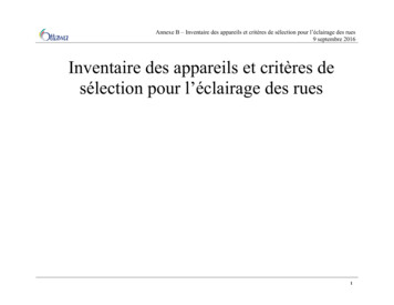 Inventaire Des Appareils Et Critères De Sélection Pour L .