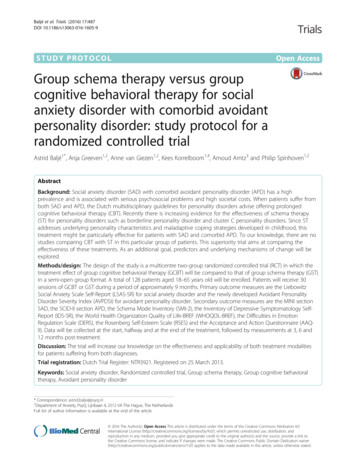 Group Schema Therapy Versus Group Cognitive Behavioral .