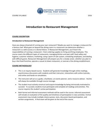 Introduction To Restaurant Management - Nuvhs 
