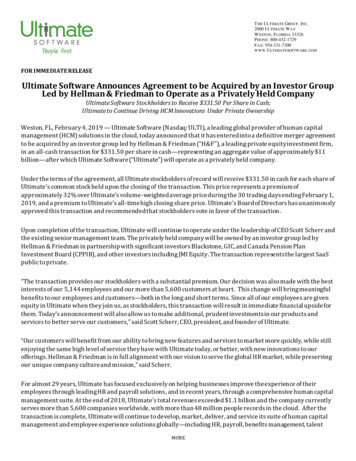 Ultimate Software Announces Agreement To Be . - CPP Investment Board