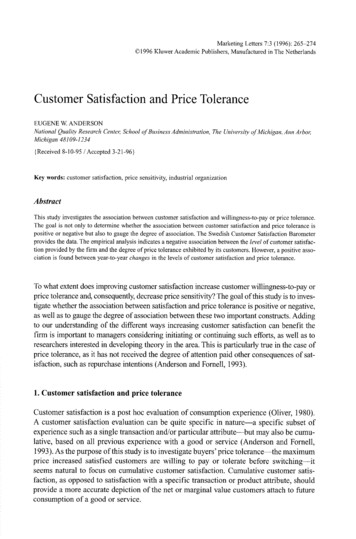 Customer Satisfaction And Price Tolerance - University Of Michigan
