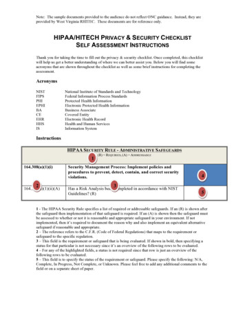 Hipaa/Hitech Privacy Security Checklist Self Assessment Instructions