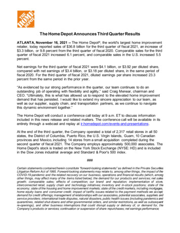 The Home Depot Announces Third Quarter Results