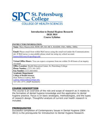 Introduction To Dental Hygiene Research DEH 3814 Course Syllabus