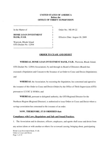 Order To Cease And Desist, Home Loan Investment Bank, F.S.B., Warwick .