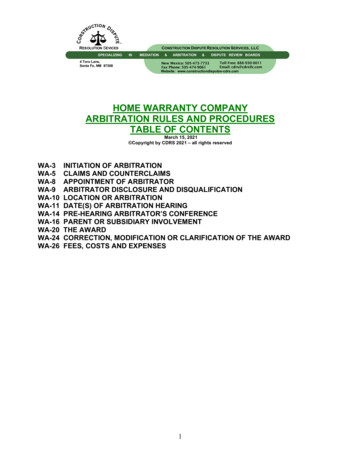 Home Warranty Company Arbitration Rules And Procedures Table Of Contents