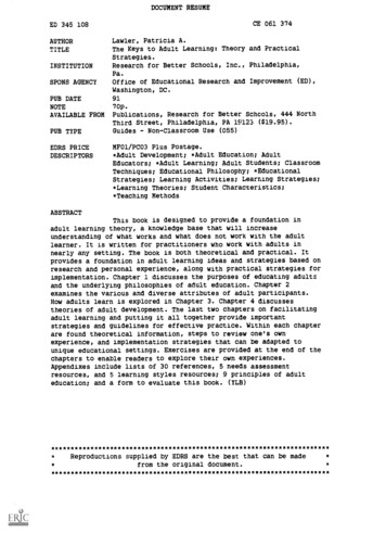 DOCUMENT RESUME ED 345 108 CE 061 374 AUTHOR Lawler, Patricia A. TITLE .