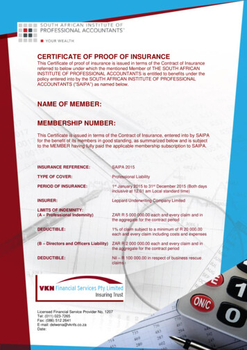 Certificate Of Proof Of Insurance Name Of Member: Membership Number