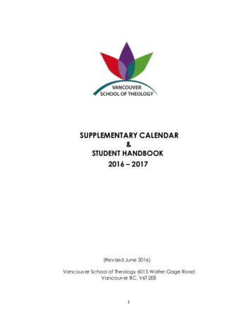 SUPPLEMENTARY CALENDAR STUDENT HANDBOOK 2016 