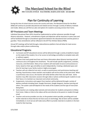 Plan For Continuity Of Learning - Maryland School For The Blind