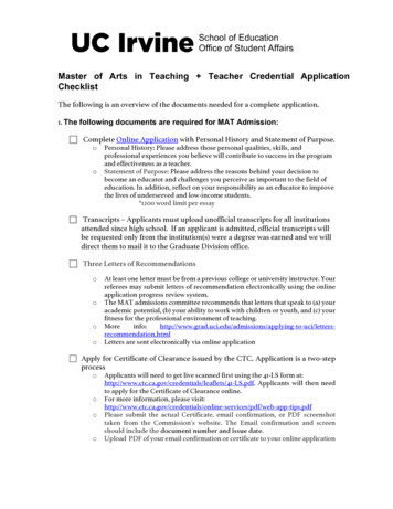 Teacher Credential Application Checklist - UCI School Of Education