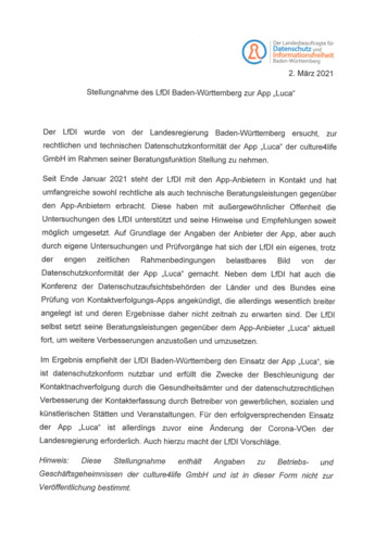 Stellungnahme Des LfDI Baden-Württemberg Zur App „Luca . - Datenschutz