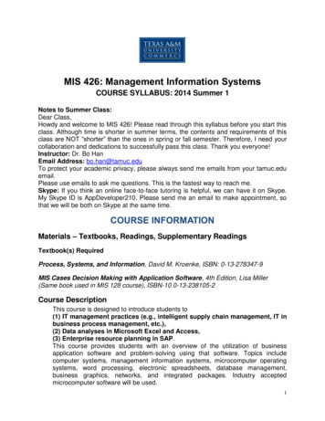 MIS 426 Management Information Systems - Texas A&M University-Commerce