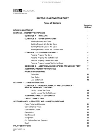 SAFECO HOMEOWNERS POLICY Table Of Contents - Nevada