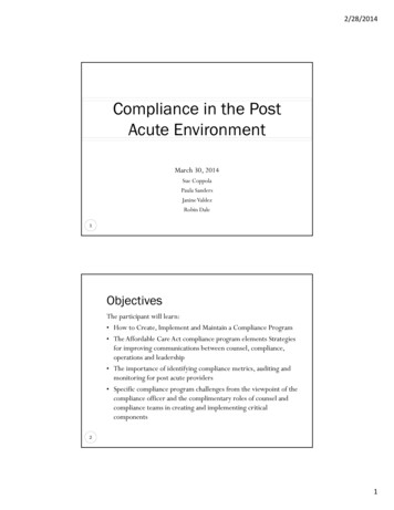 Compliance In The Post Acute Environment - HCCA Official Site