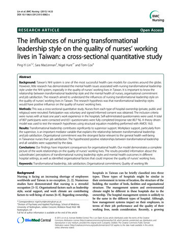 The Influences Of Nursing Transformational Leadership Style On The .