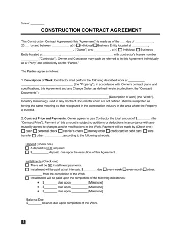 State Of CONSTRUCTION CONTRACT AGREEMENT