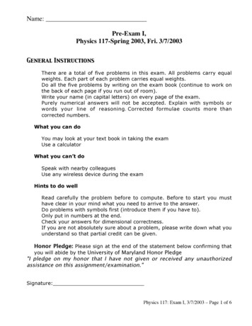 Pre-Exam I, Physics 117-Spring 2003, Fri. 3/7/2003 - UMD