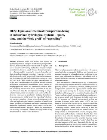HESS Opinions: Chemical Transport Modeling In Subsurface Hydrological .