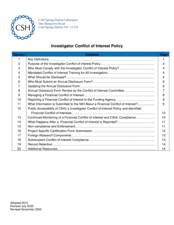 Investigator Conflict Of Interest Policy - Cold Spring Harbor Laboratory