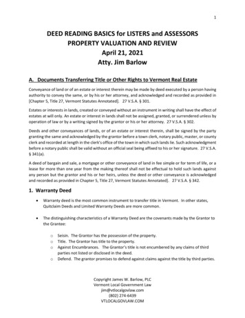 DEED READING BASICS For LISTERS And ASSESSORS PROPERTY . - Vermont