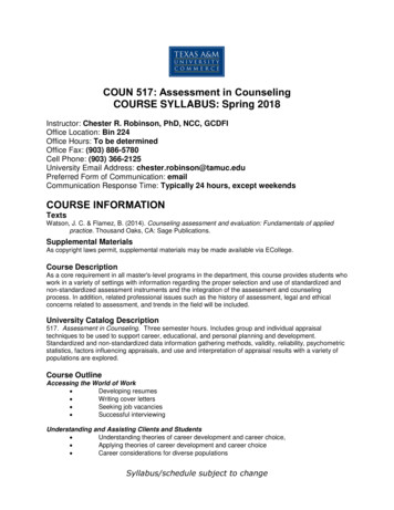 COUN 517: Assessment In Counseling COURSE SYLLABUS: Spring 2018