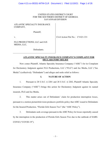 Atlantic Specialty Insurance Company'S Complaint For Declaratory Relief .