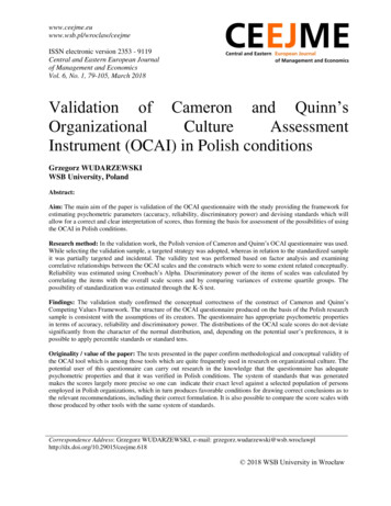 Validation Of Cameron And Quinn's Organizational Culture Assessment .