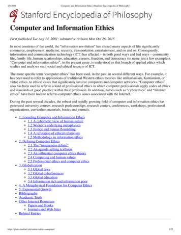 Computer And Information Ethics (Stanford Encyclopedia Of . - UC Davis